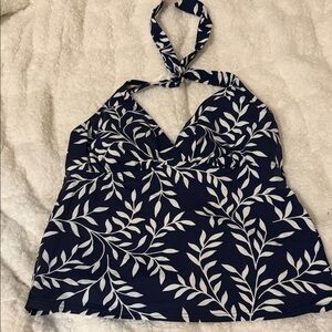 Lands' End Navy and White Leaf Print Swim Camisole